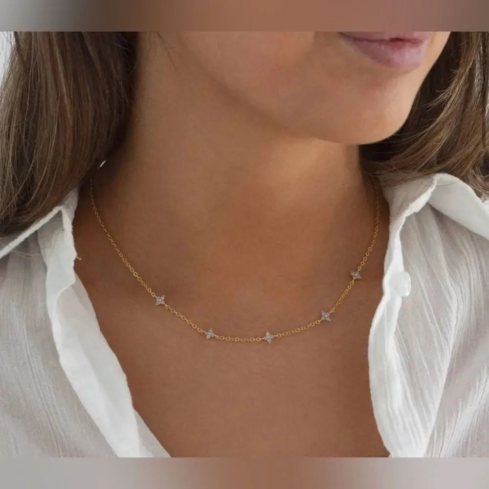 Gold light blue flower dainty necklace
